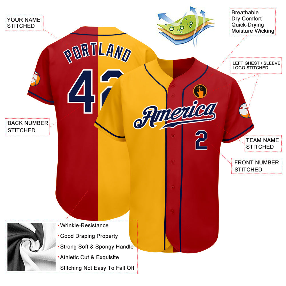 Custom Red Navy-Yellow Authentic Split Fashion Baseball Jersey