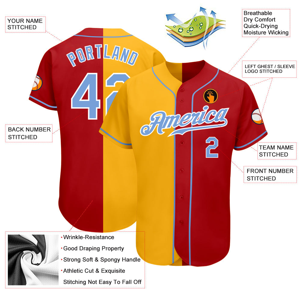 Custom Red Light Blue-Yellow Authentic Split Fashion Baseball Jersey