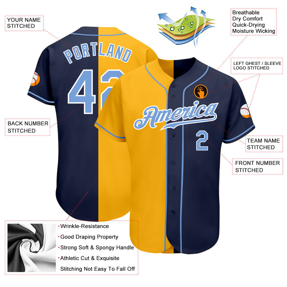 Custom Navy Light Blue-Yellow Authentic Split Fashion Baseball Jersey