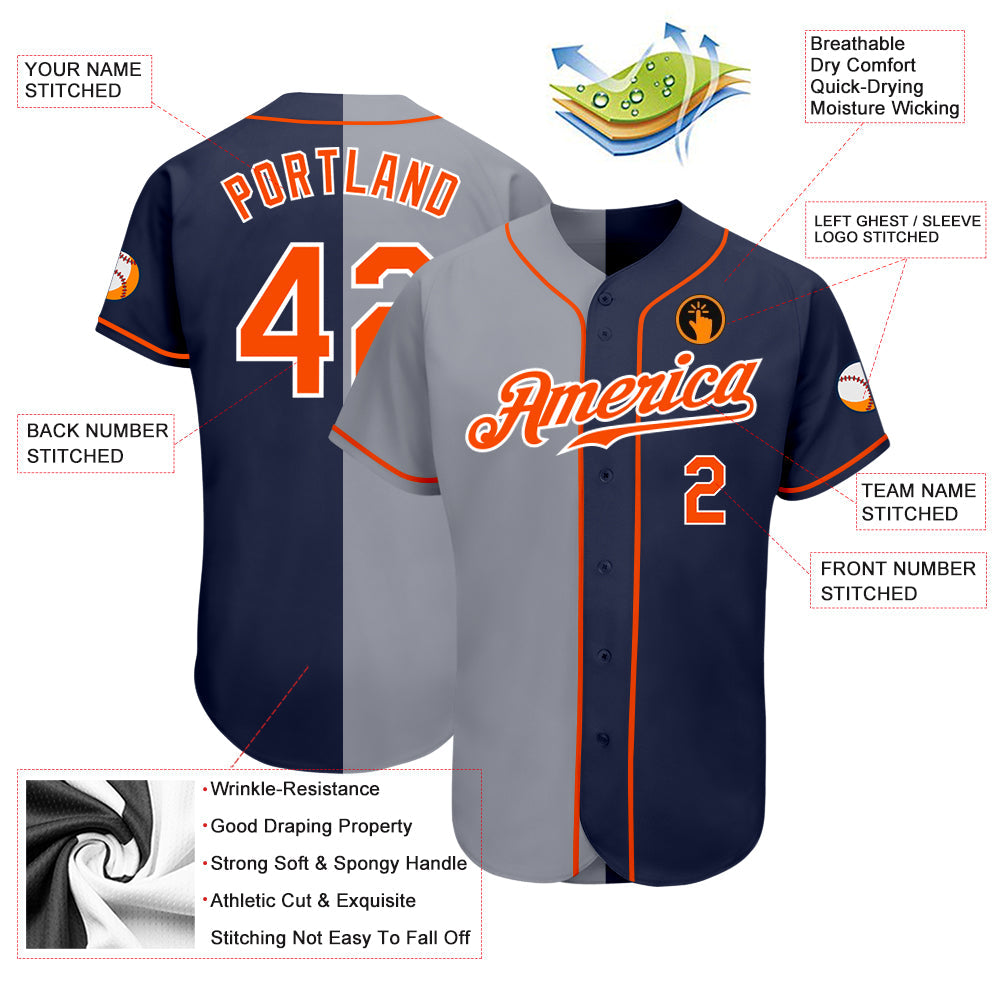 Custom Navy Orange-Gray Authentic Split Fashion Baseball Jersey