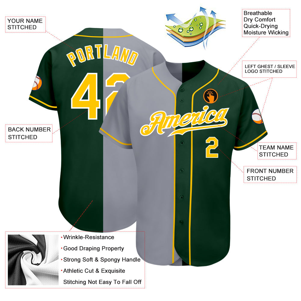 Custom Green Gold-Gray Authentic Split Fashion Baseball Jersey