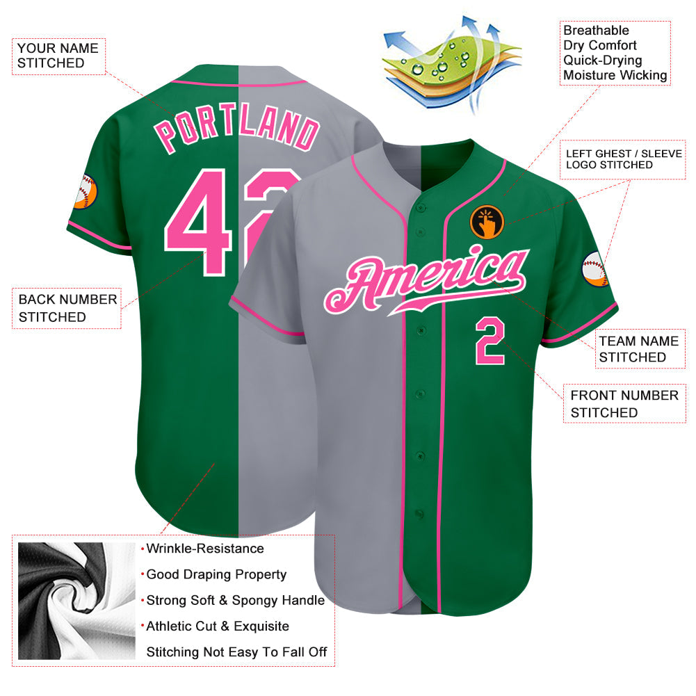 Custom Kelly Green Pink-Gray Authentic Split Fashion Baseball Jersey