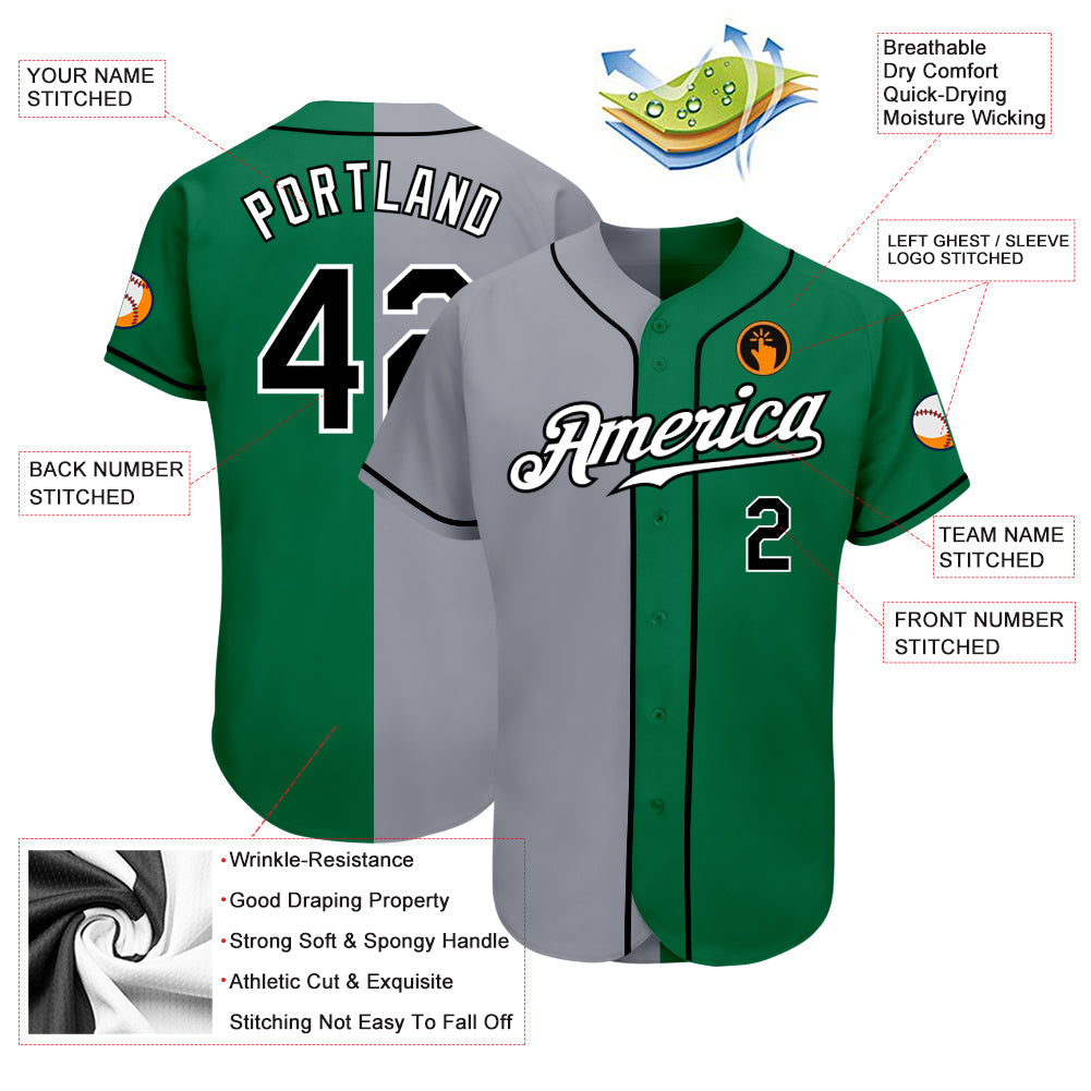 Custom Kelly Green Black-Gray Authentic Split Fashion Baseball Jersey