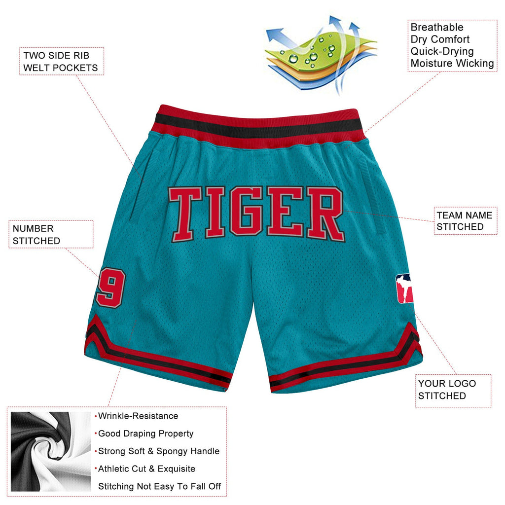 Custom Teal Red-Black Authentic Throwback Basketball Shorts