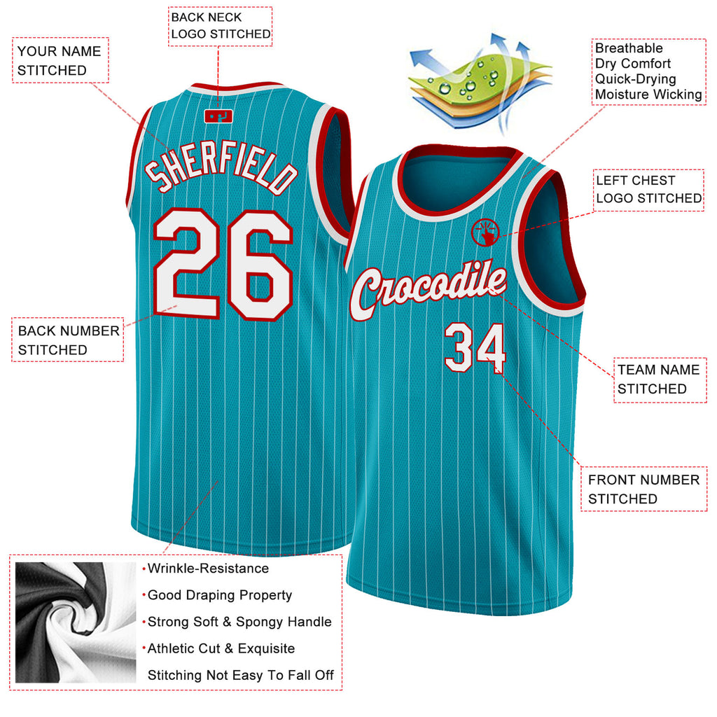 Custom Teal White Pinstripe White-Red Authentic Basketball Jersey