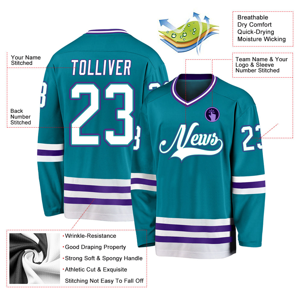 Custom Teal White-Purple Hockey Jersey