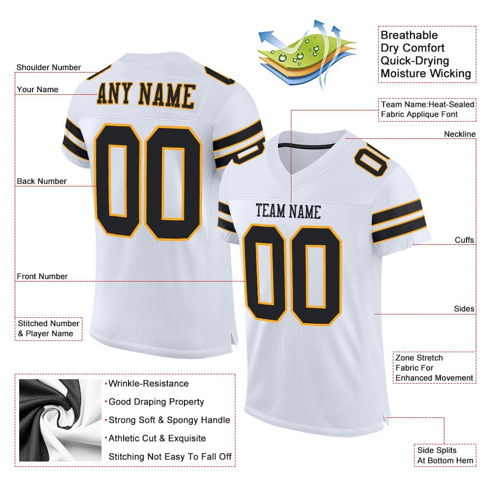 Custom White Black-Gold Mesh Authentic Football Jersey