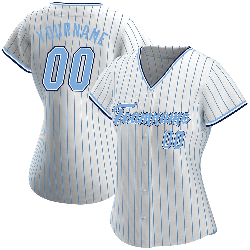 Custom White Light Blue Pinstripe Light Blue-Navy Authentic Baseball Jersey