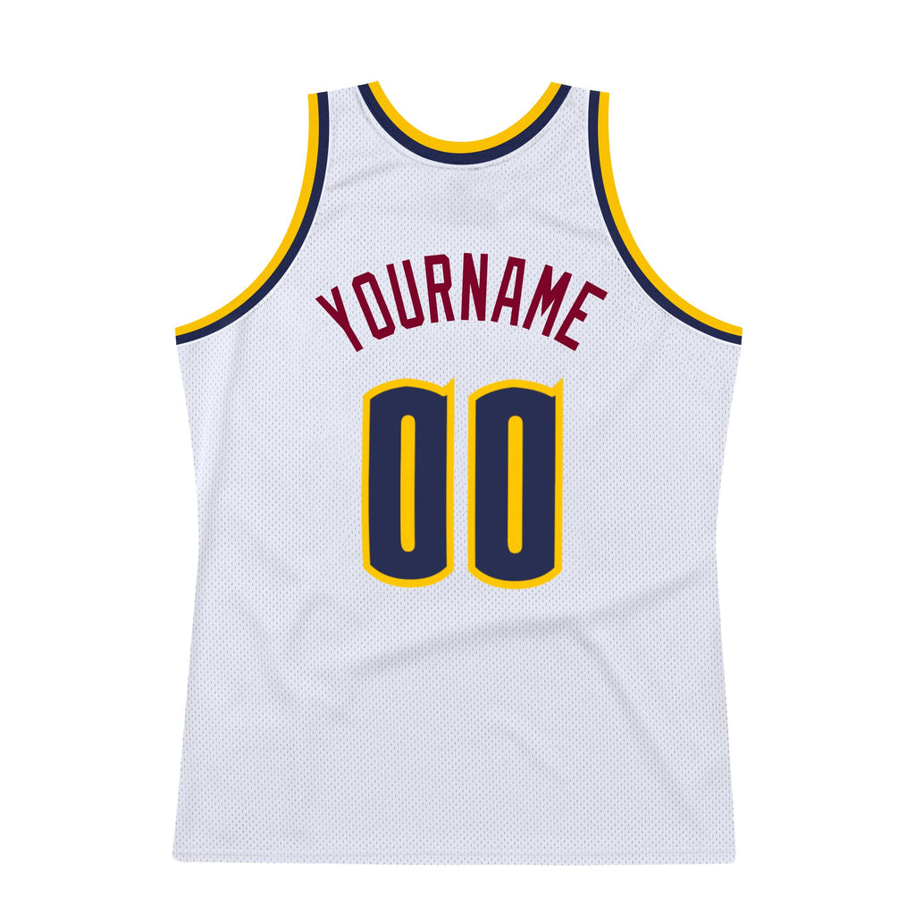 Custom White Navy-Gold Authentic Throwback Basketball Jersey