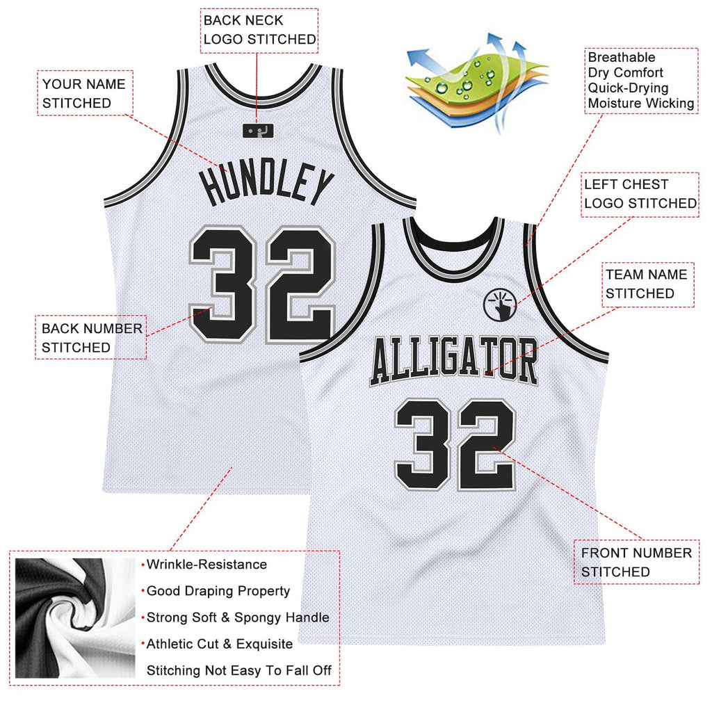 Custom White Black-Gray Authentic Throwback Basketball Jersey