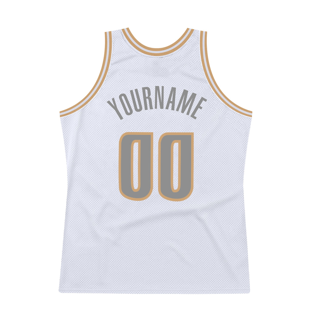 Custom White Steel Gray-Old Gold Authentic Throwback Basketball Jersey