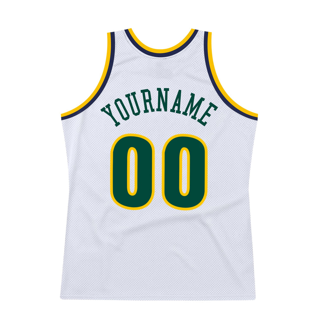 Custom White Hunter Green-Gold Authentic Throwback Basketball Jersey