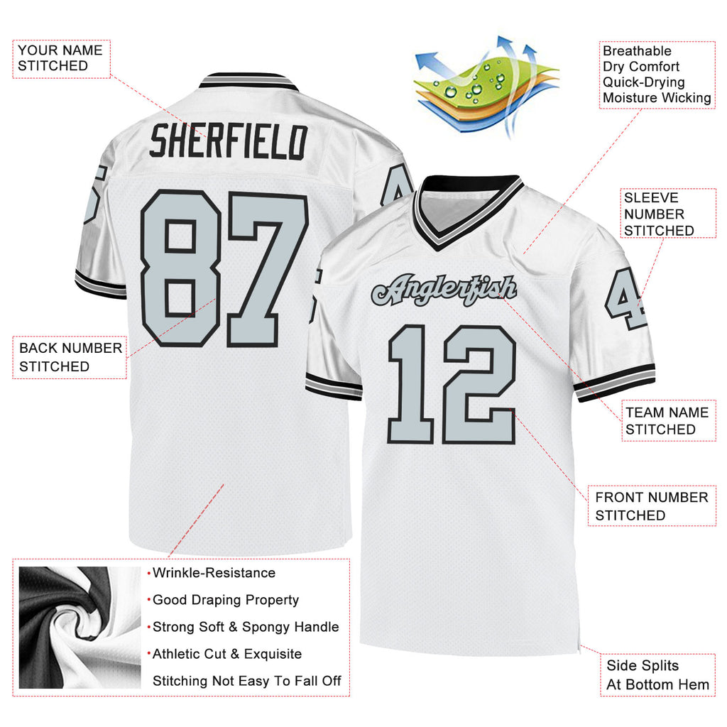 Custom White Silver-Black Mesh Authentic Throwback Football Jersey