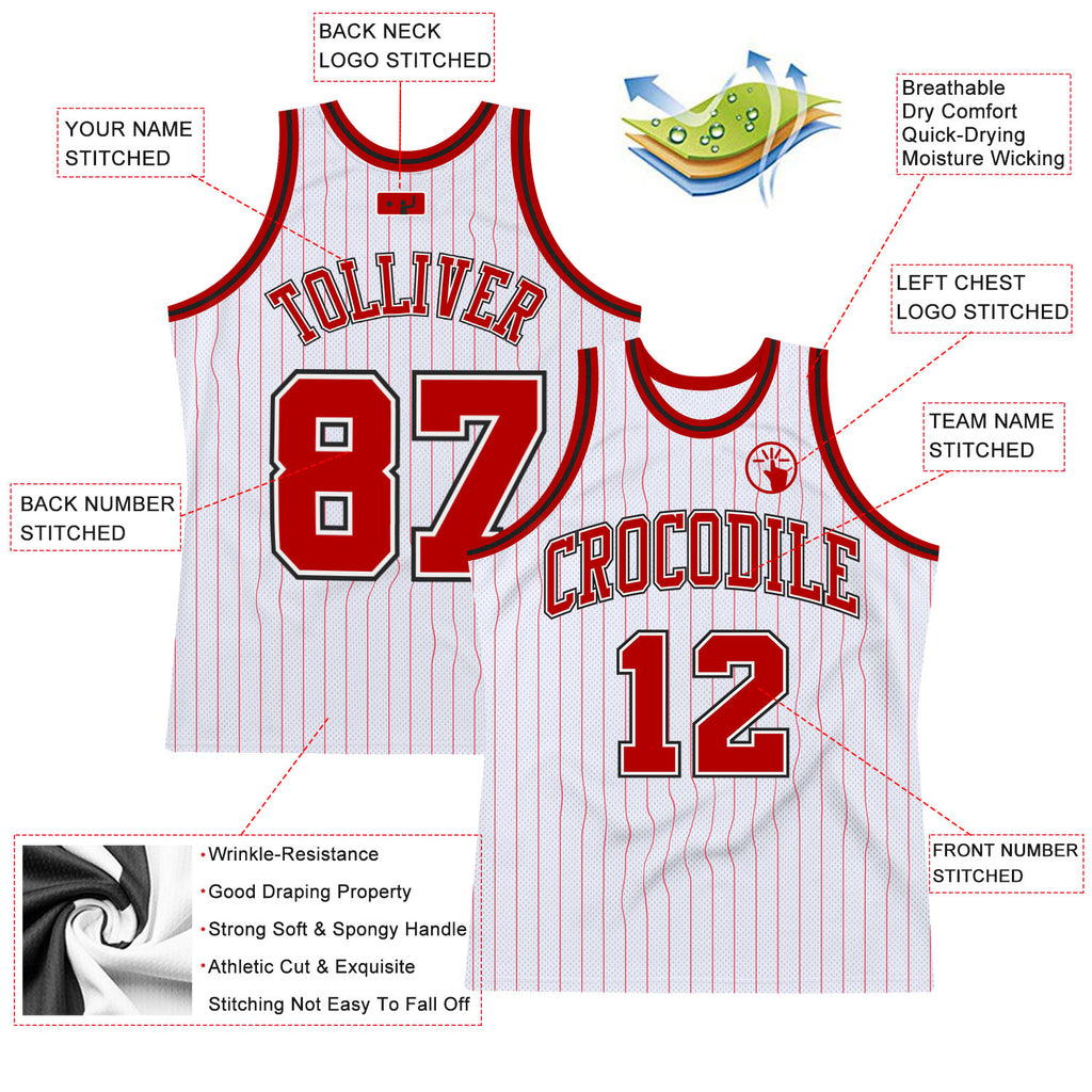 Custom White Red Pinstripe Red-Black Authentic Throwback Basketball Jersey