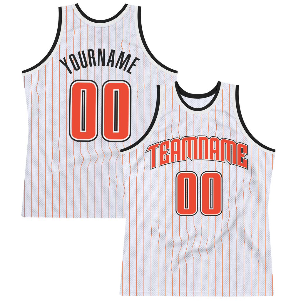 Custom White Orange Pinstripe Orange-Black Authentic Throwback Basketball Jersey