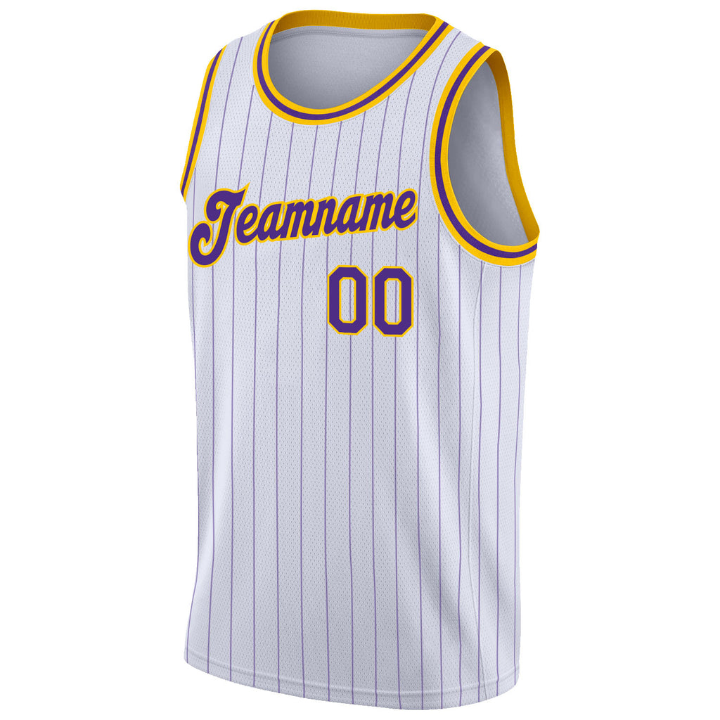 Custom White Purple Pinstripe Purple-Gold Authentic Throwback Basketball Jersey