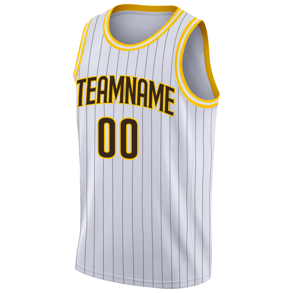 Custom White Brown Pinstripe Brown-Gold Authentic Throwback Basketball Jersey