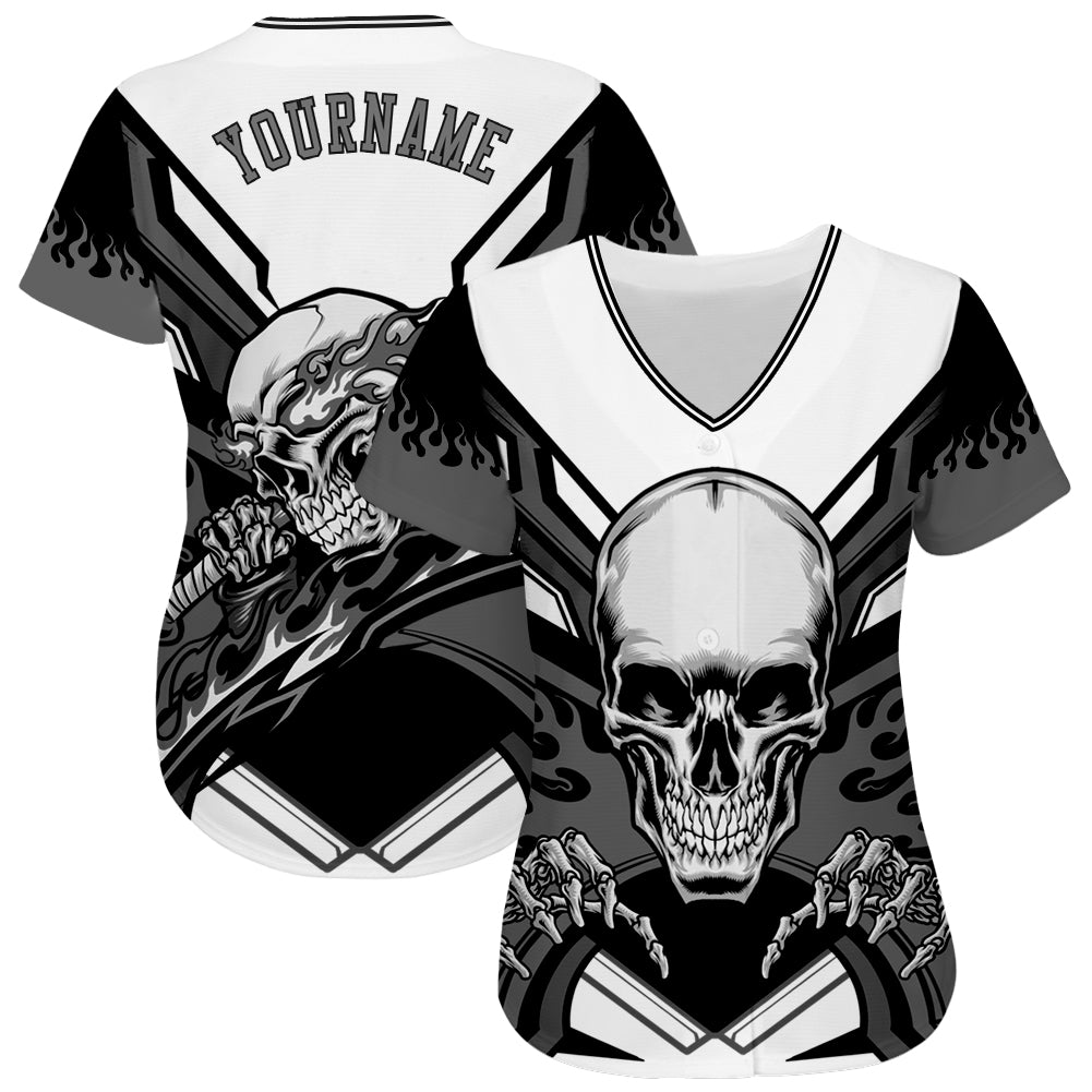 Custom White Gray-Black 3D Skull Authentic Baseball Jersey