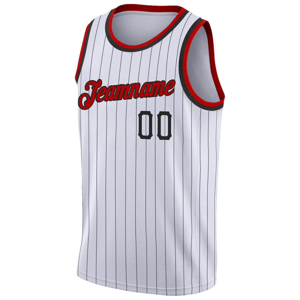 Custom White Black Pinstripe Red-Black Authentic Basketball Jersey