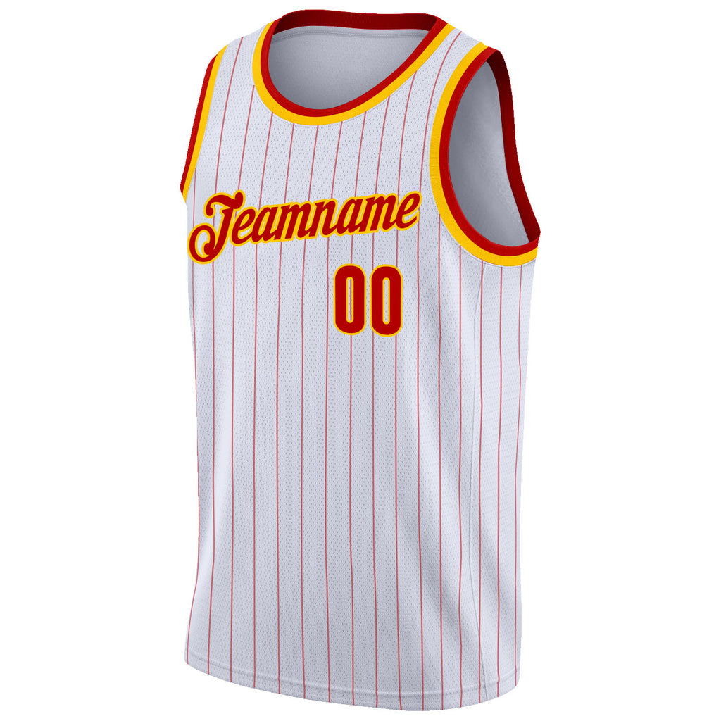 Custom White Red Pinstripe Red-Gold Authentic Basketball Jersey