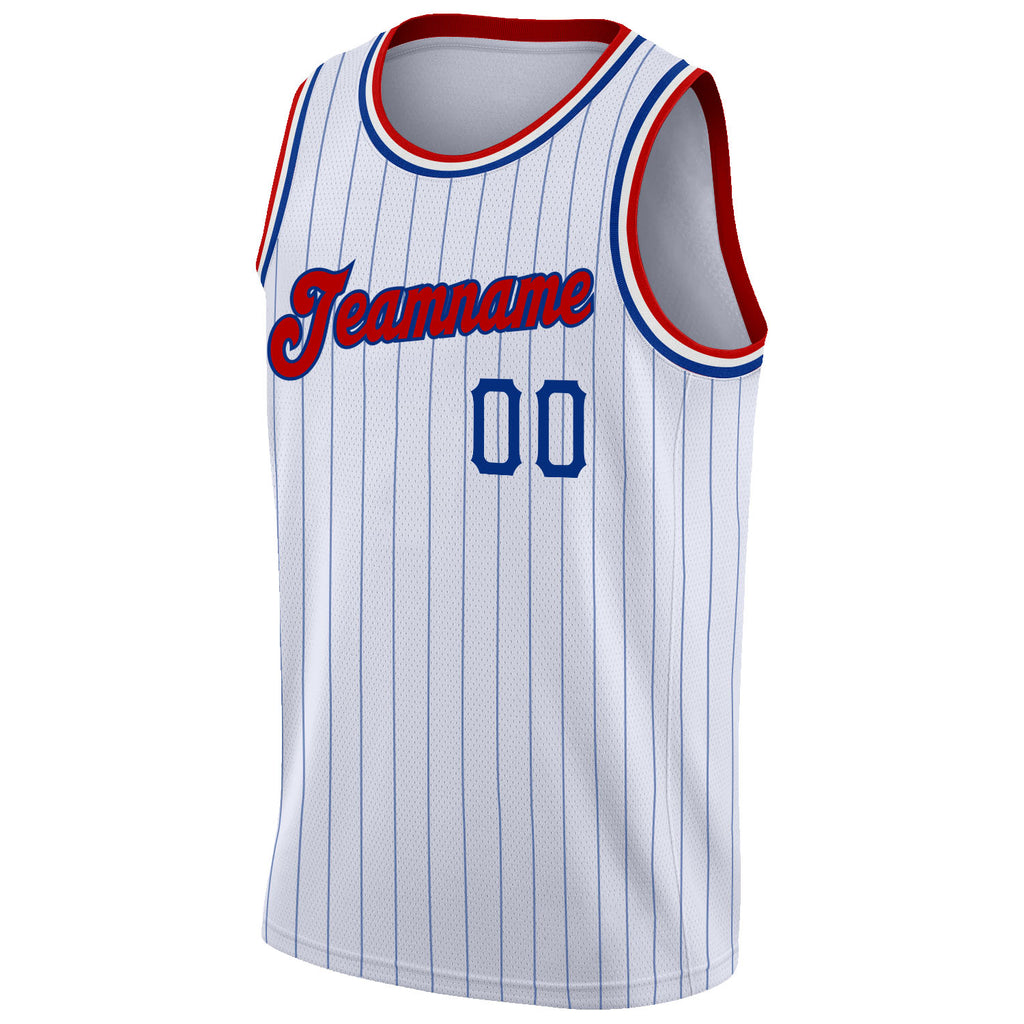 Custom White Royal Pinstripe Red-Royal Authentic Basketball Jersey