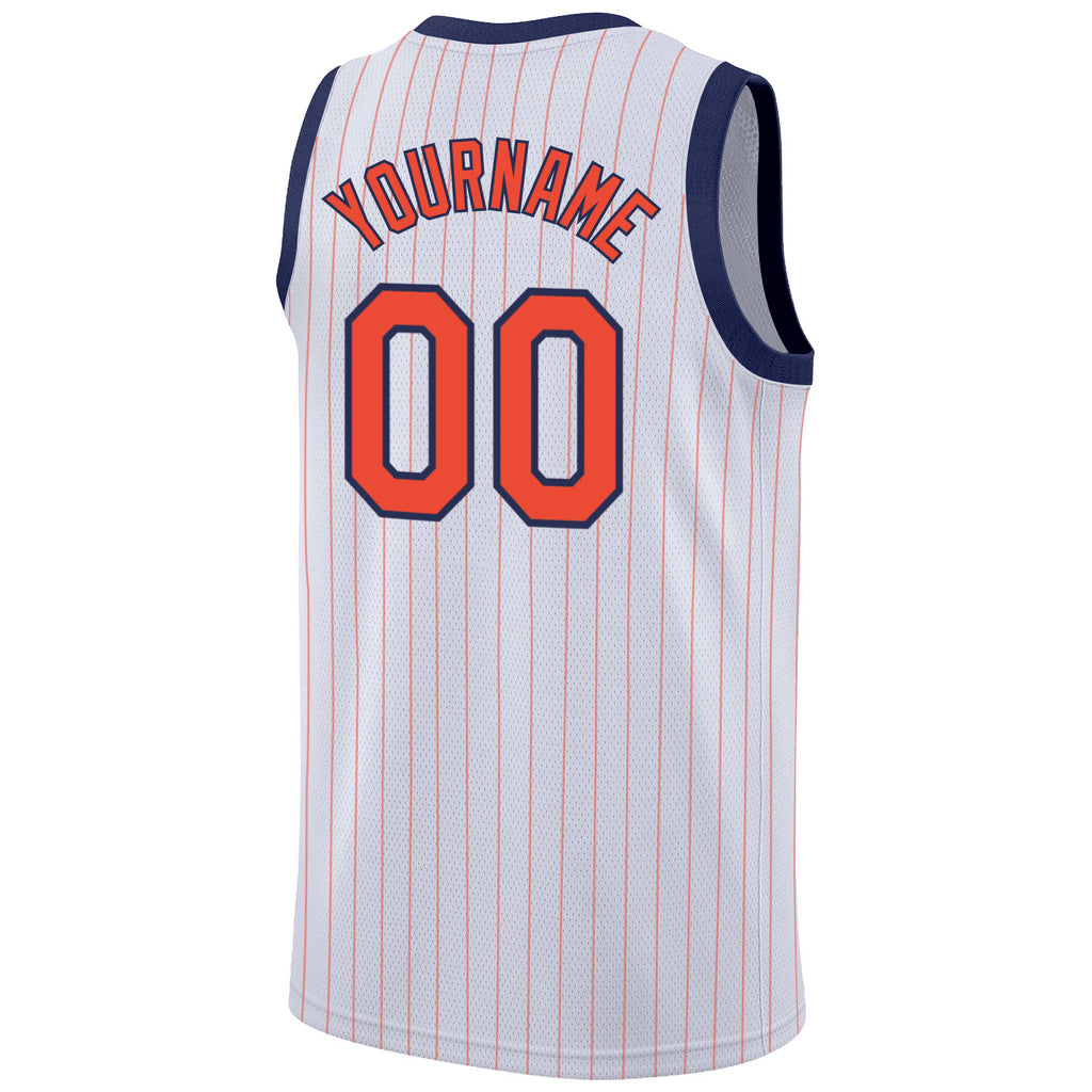 Custom White Orange Pinstripe Orange-Navy Authentic Basketball Jersey