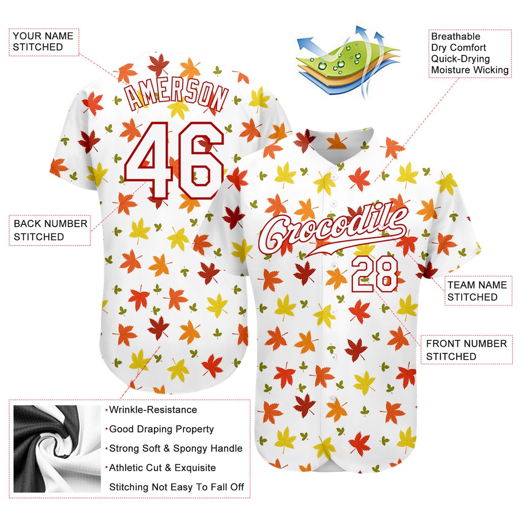 Custom White White-Red 3D Pattern Design Autumn Leaves Authentic Baseball Jersey