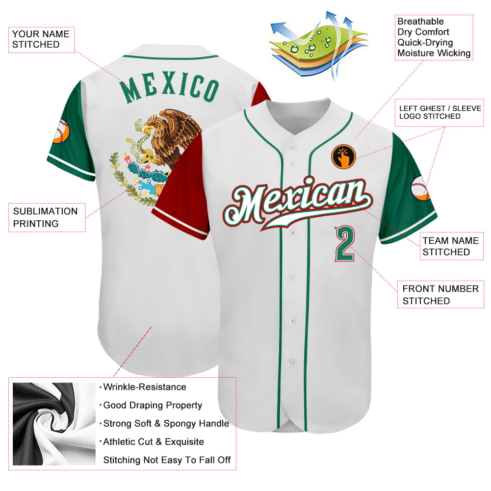 Custom White Kelly Green-Red Authentic Mexico Baseball Jersey