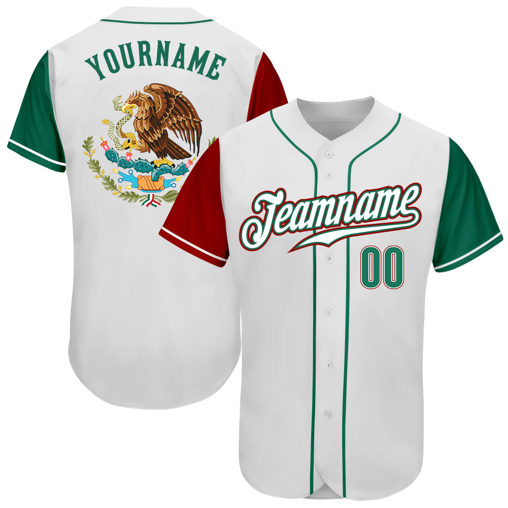 Custom White Kelly Green-Red Authentic Mexico Baseball Jersey
