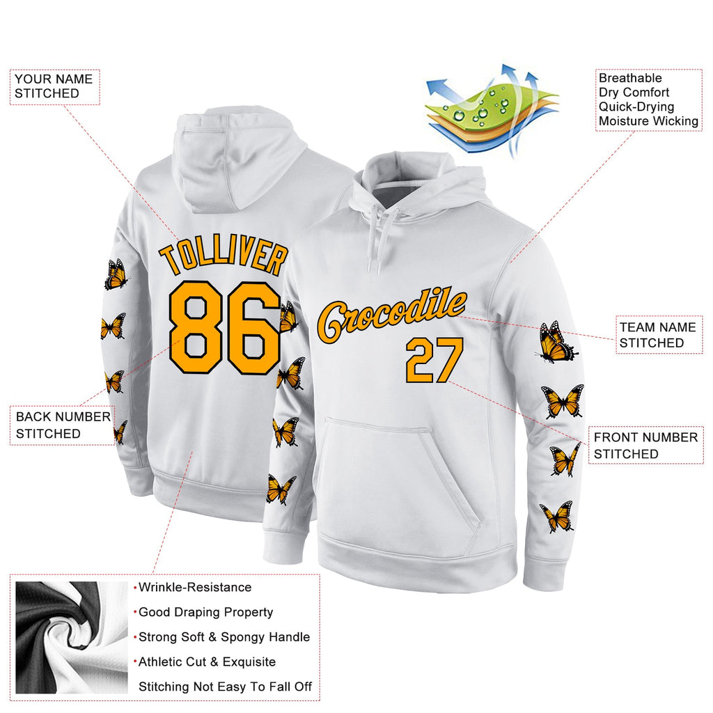 Custom Stitched White Gold-Black 3D Pattern Design Butterfly Sports Pullover Sweatshirt Hoodie