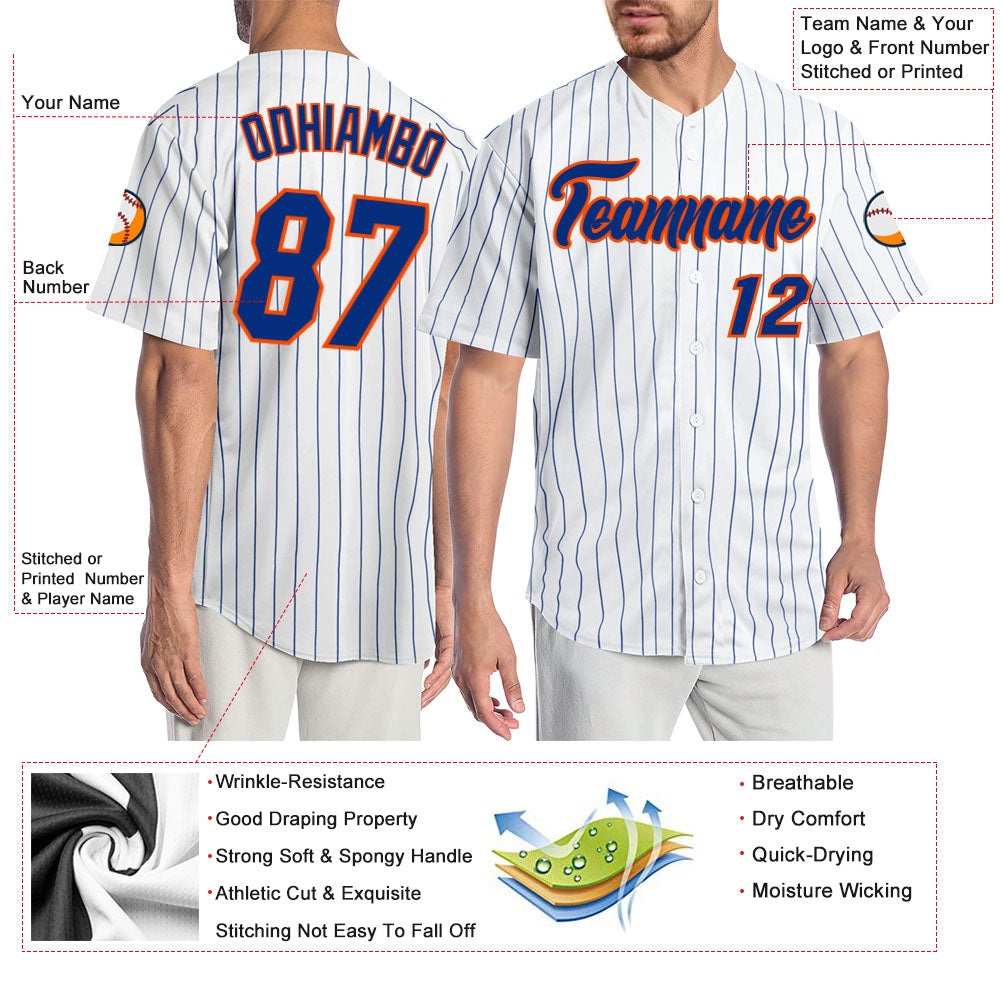 Custom White Royal Pinstripe Royal-Orange Authentic Baseball Jersey