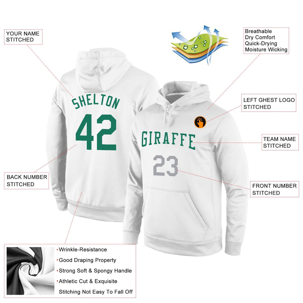 Custom Stitched White Kelly Green-Gray Sports Pullover Sweatshirt Hoodie
