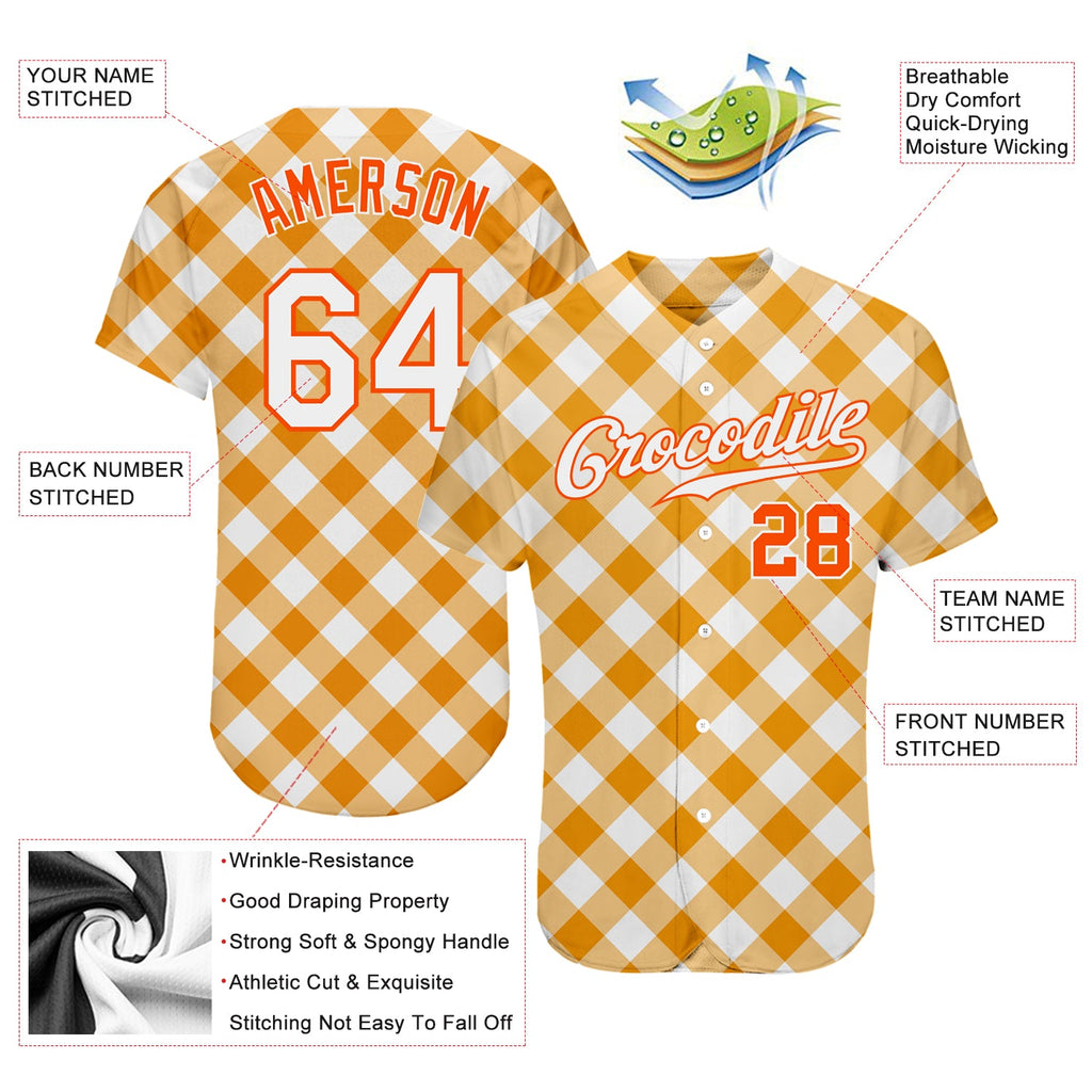 Custom White White-Orange 3D Pattern Design Orange Plaid Authentic Baseball Jersey