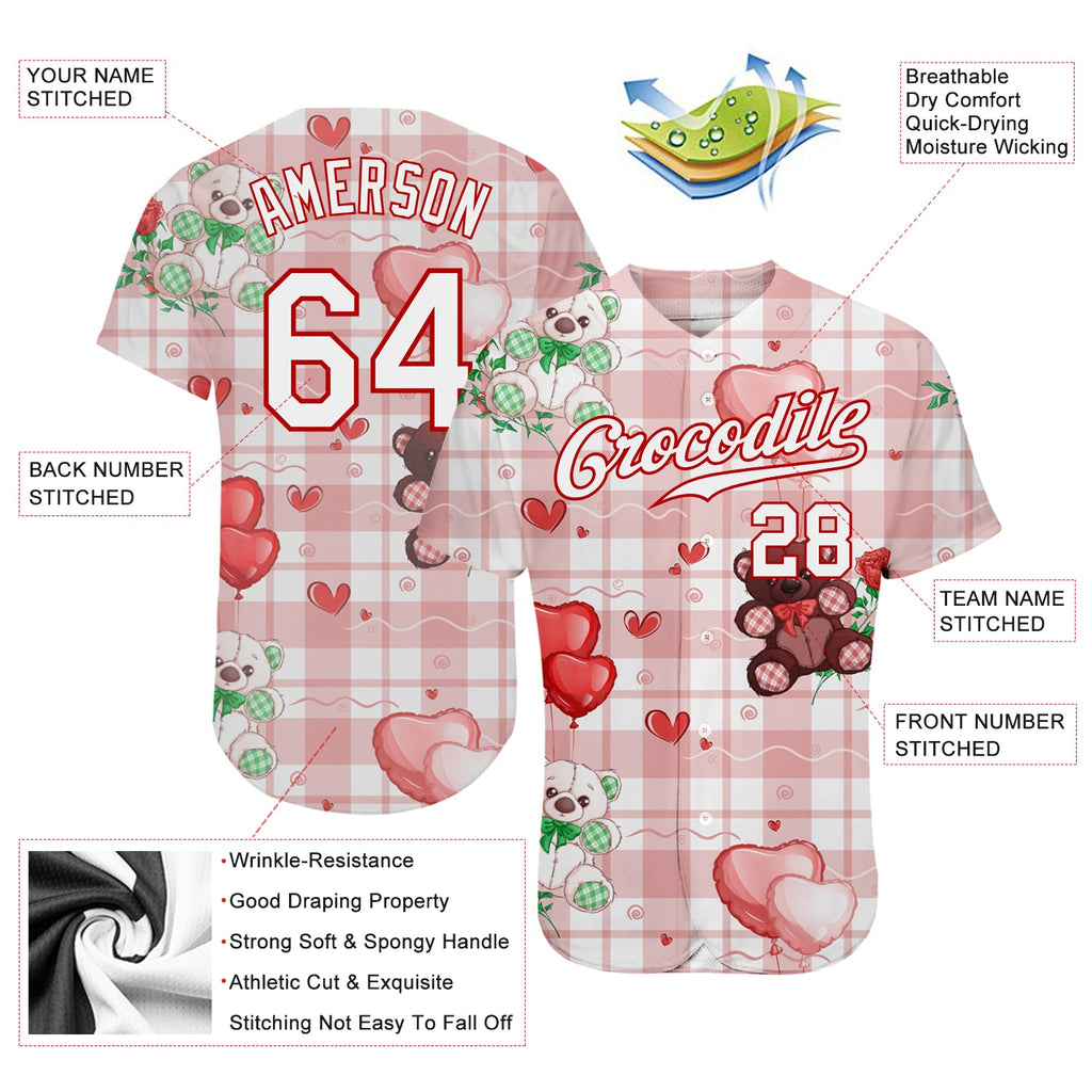 Custom White White-Red 3D Pattern Design Teddy Bears Authentic Baseball Jersey