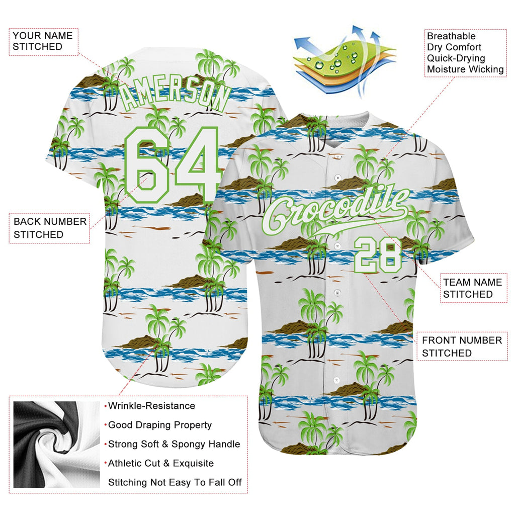 Custom White White-Neon Green 3D Pattern Design Beaches Authentic Baseball Jersey