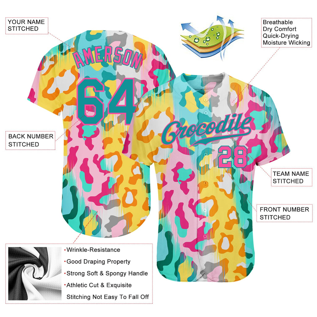 Custom White Teal-Pink 3D Pattern Design Leopard Authentic Baseball Jersey