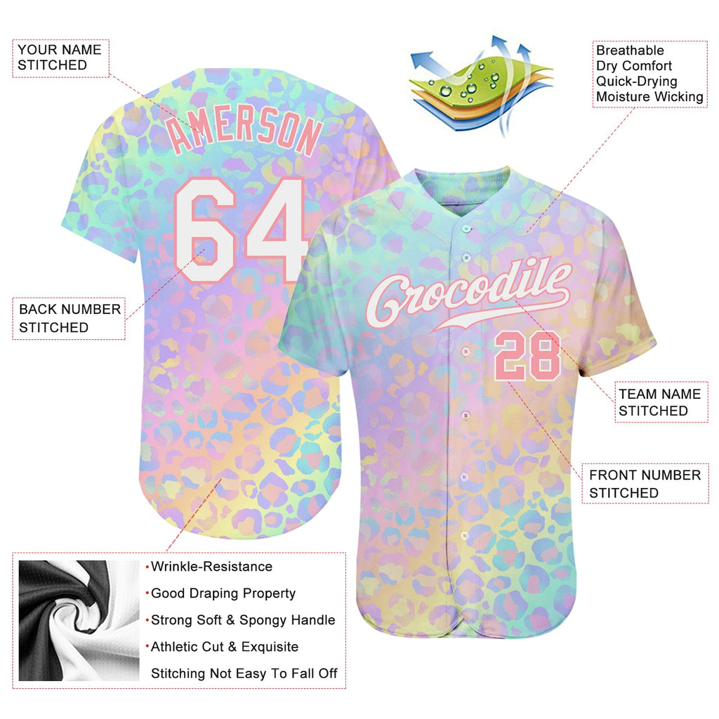 Custom White White-Medium Pink 3D Pattern Design Leopard Authentic Baseball Jersey