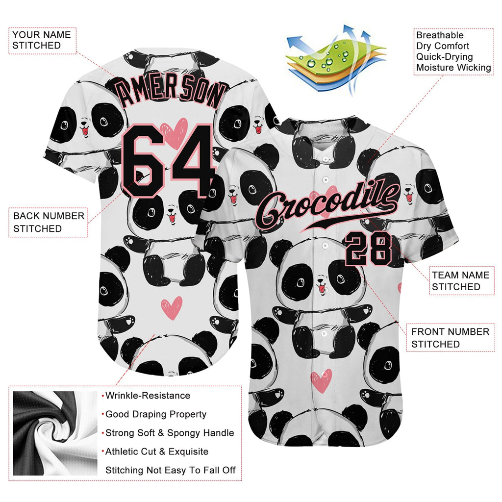 Custom White Black-Medium Pink 3D Pattern Design Pandas Authentic Baseball Jersey