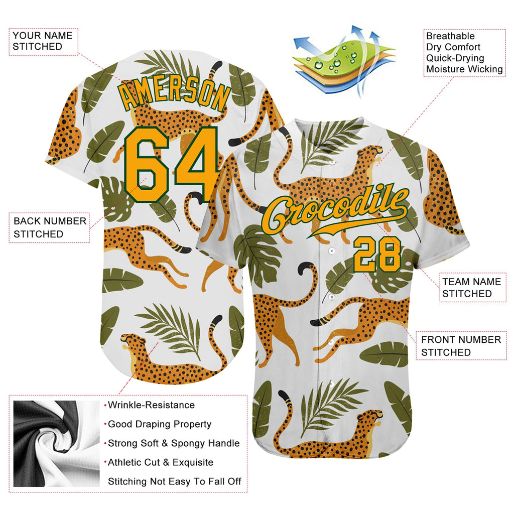 Custom White Gold-Green 3D Pattern Design Leopards And Tropical Palm Leaves Authentic Baseball Jersey