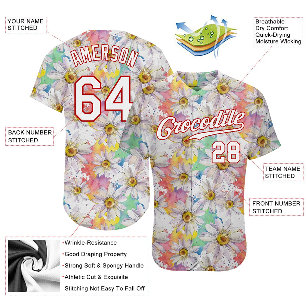 Custom White White-Red 3D Pattern Design Daisy Authentic Baseball Jersey